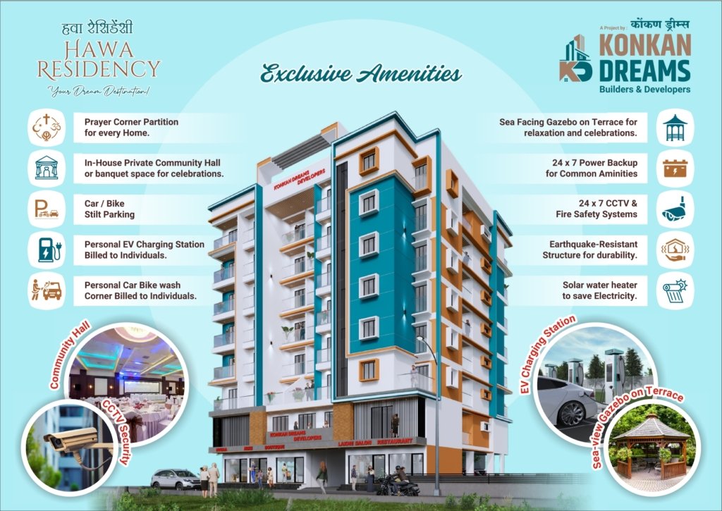 Aerial view of Hawa Residency apartment complex featuring multiple buildings, a swimming pool, jogging track, 24-hour security, green spaces, and a children's play area. MAHA RERA certified project.