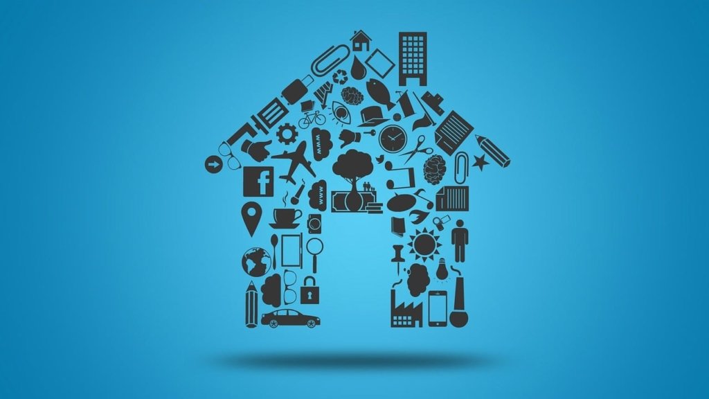 "House-shaped design made of various icons on a blue background"