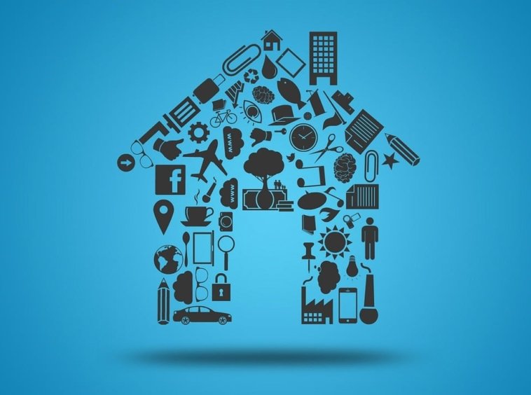 "House-shaped design made of various icons on a blue background"