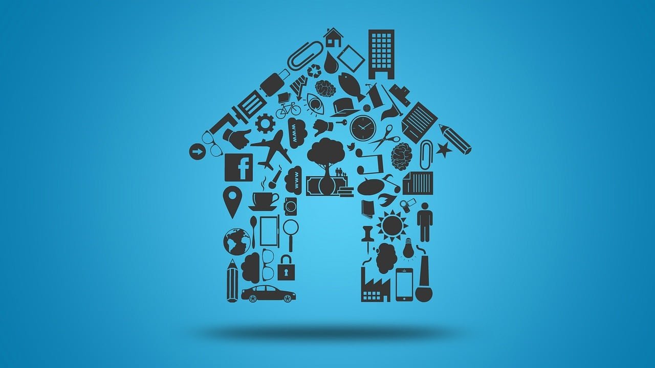 "House-shaped design made of various icons on a blue background"