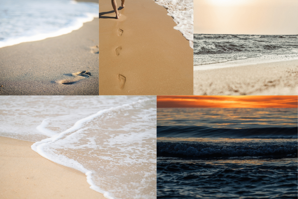Footprints and waves on serene beaches during sunset and daylight.