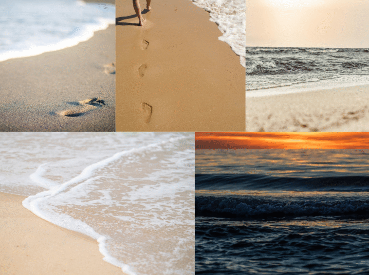Footprints and waves on serene beaches during sunset and daylight.