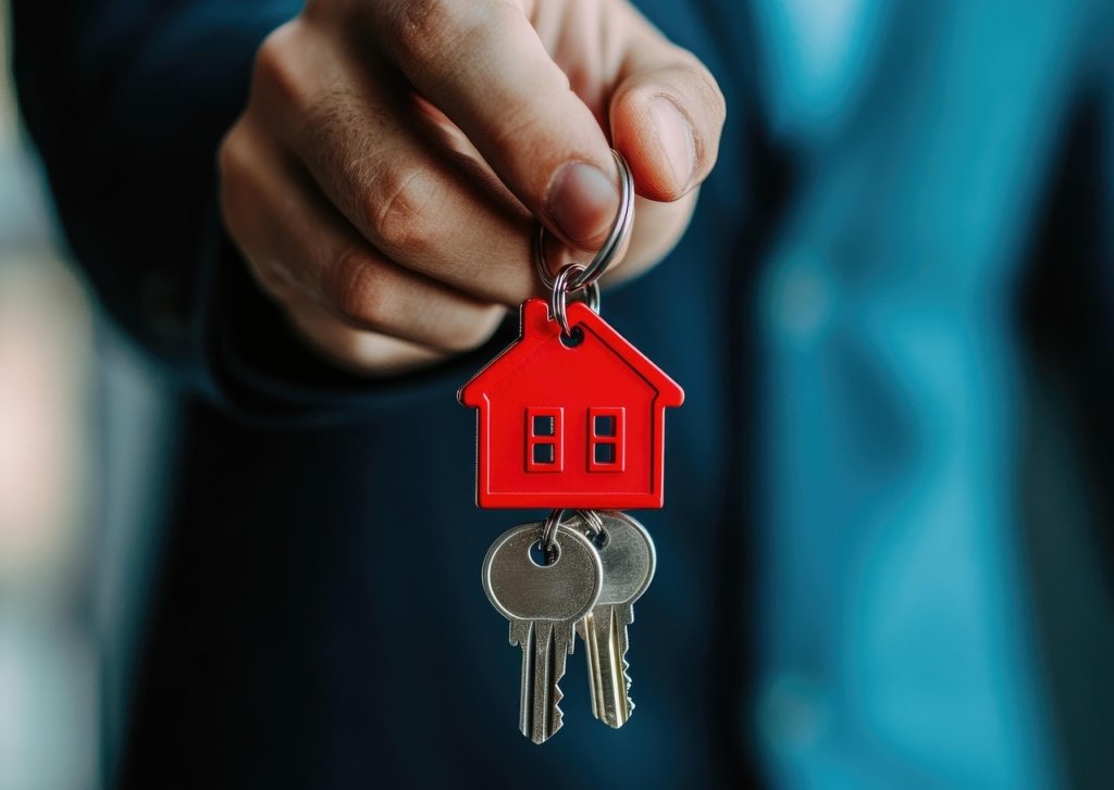 A person holding a keychain with a red house symbol and two silver keys, symbolizing home ownership or property investment.