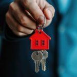 A person holding a keychain with a red house symbol and two silver keys, symbolizing home ownership or property investment.
