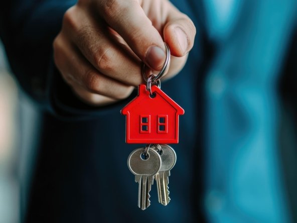 A person holding a keychain with a red house symbol and two silver keys, symbolizing home ownership or property investment.