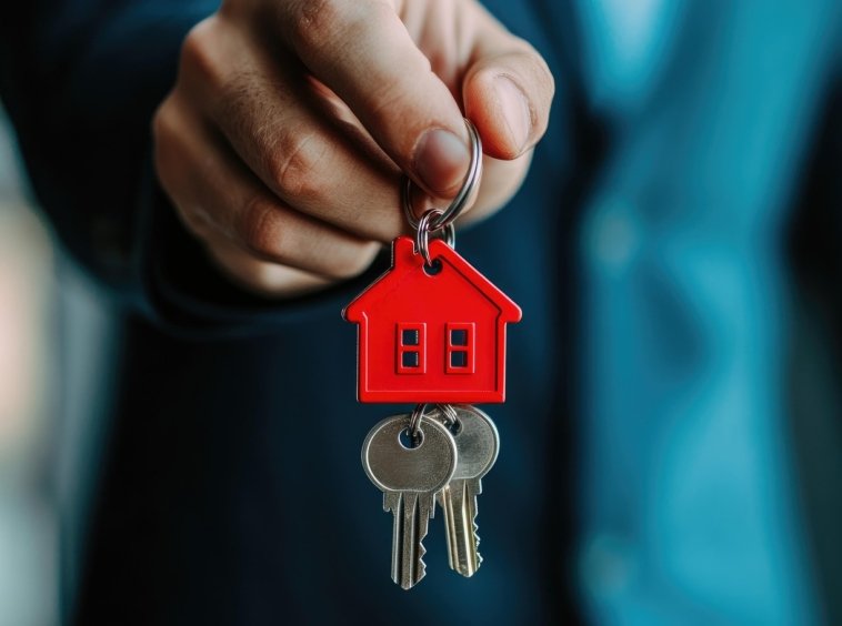 A person holding a keychain with a red house symbol and two silver keys, symbolizing home ownership or property investment.