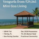 Promotional digital graphic featuring a sea-facing gazebo with lush green grass and ocean views in Vengurla, highlighting a vacation home investment opportunity starting at ₹29,565 with key details like 1BHK flat, 730 sq. ft. area, December 2026 possession, and fractional ownership benefits.