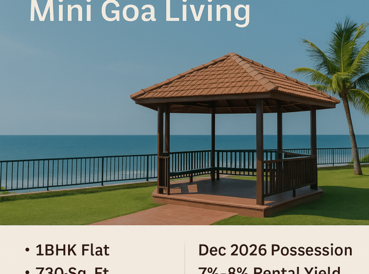 Promotional digital graphic featuring a sea-facing gazebo with lush green grass and ocean views in Vengurla, highlighting a vacation home investment opportunity starting at ₹29,565 with key details like 1BHK flat, 730 sq. ft. area, December 2026 possession, and fractional ownership benefits.