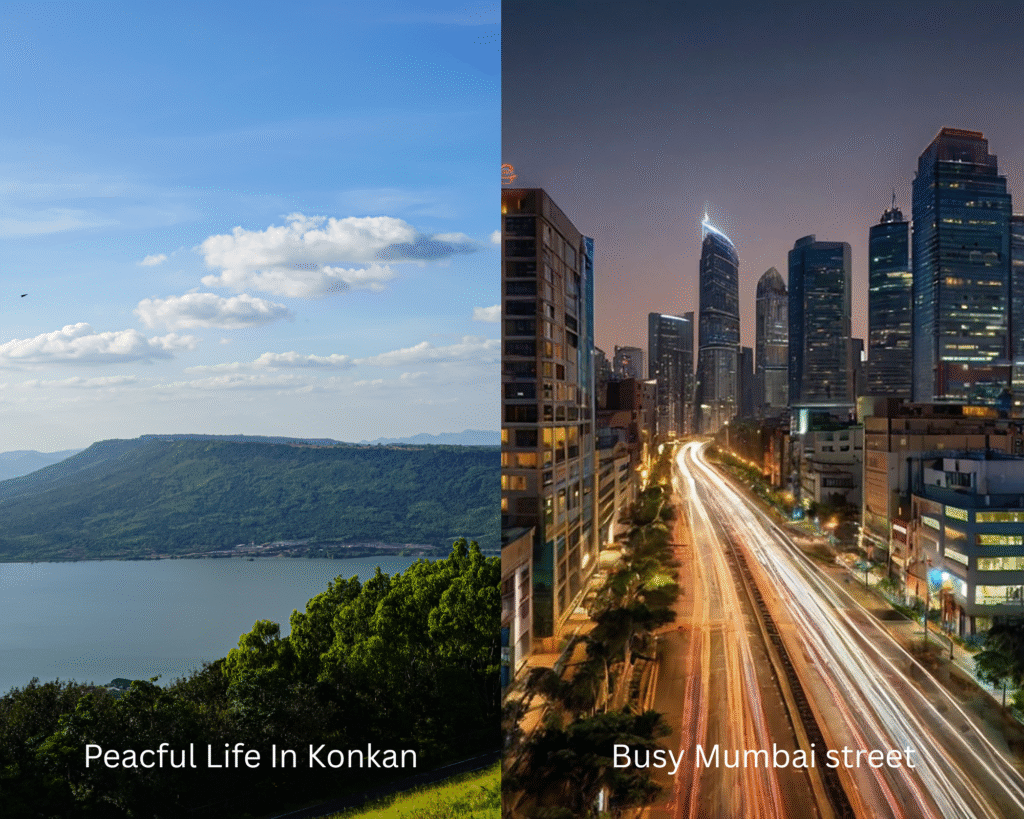 Peaceful green landscape of Konkan contrasted with a busy, high-rise Mumbai street at night, showcasing lifestyle differences.