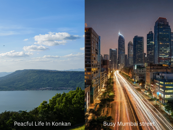 Peaceful green landscape of Konkan contrasted with a busy, high-rise Mumbai street at night, showcasing lifestyle differences.