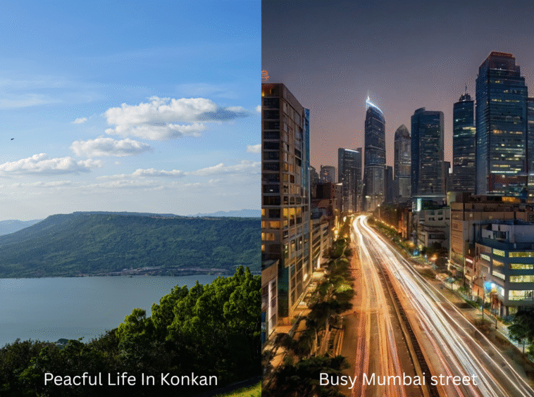 Peaceful green landscape of Konkan contrasted with a busy, high-rise Mumbai street at night, showcasing lifestyle differences.